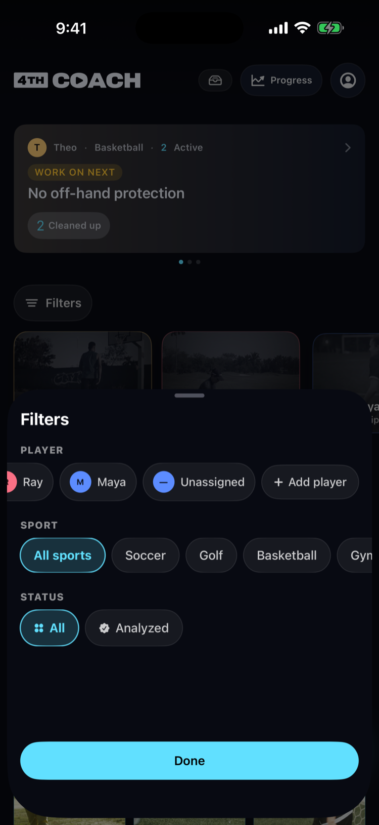 The Filters panel on the library home with the player row scrolled to show the + Add player chip