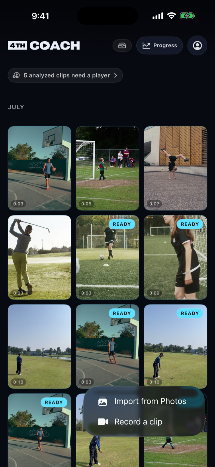 Menu shown after tapping the + button, with two options: Import from Photos and Record a clip