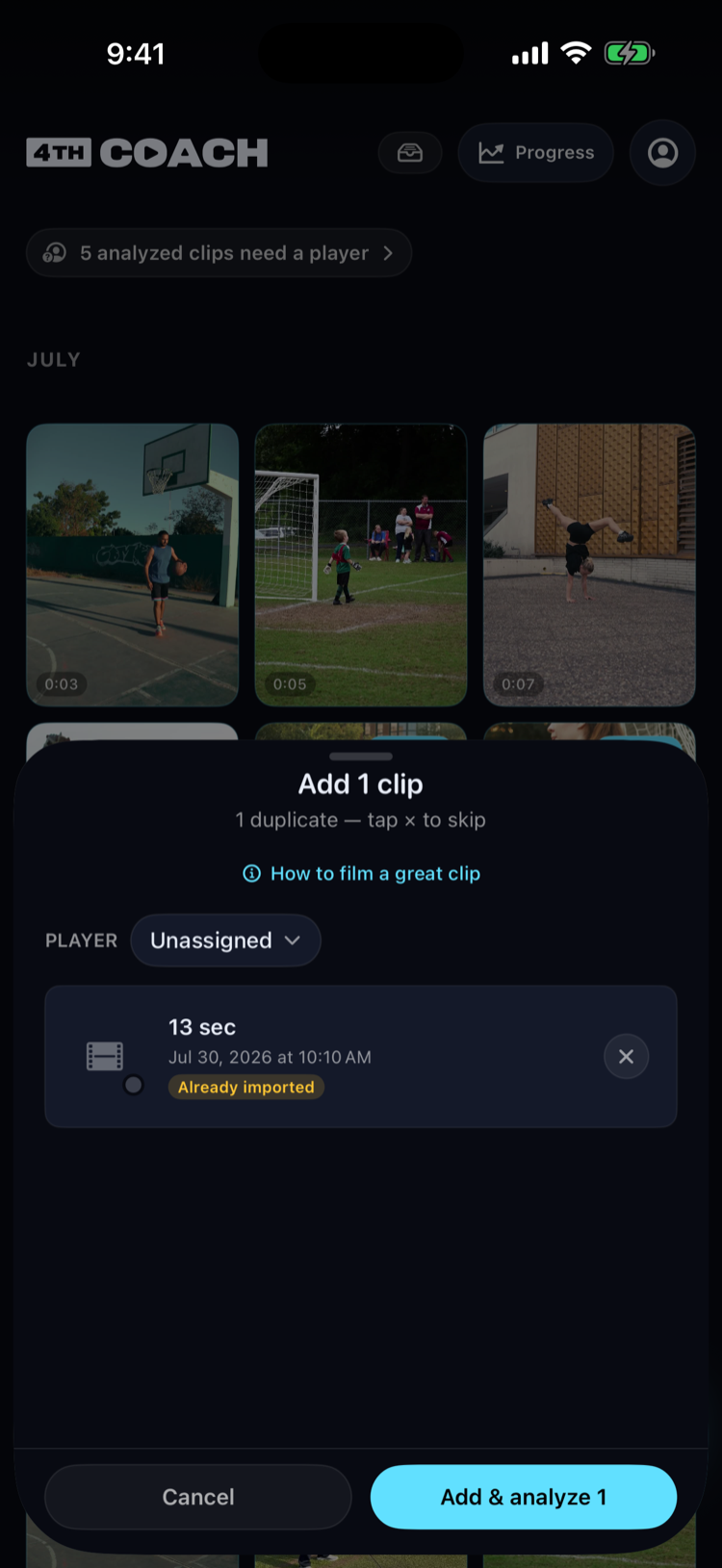 The Add 1 clip review sheet listing a selected video, an optional player picker, and the Add & analyze confirm button